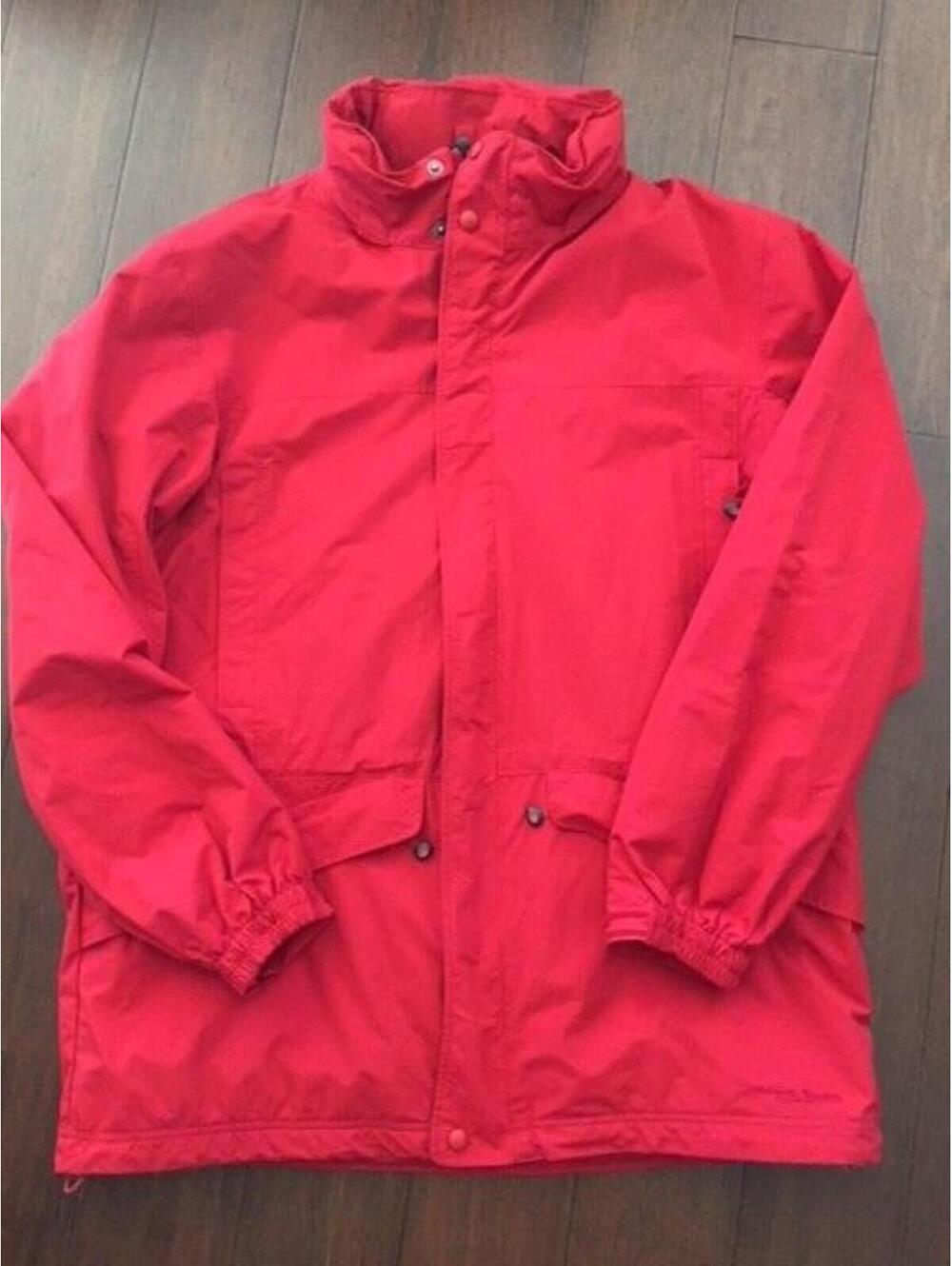 L. L. Bean Nylon Mesh Lined Rain Jacket Red W/ Navy Lining & Hood Gather Botton